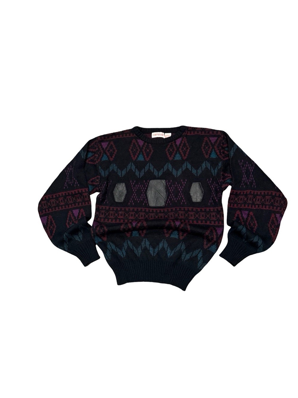 Vintage 90's campus Geometric Crewneck Sweater - Black with Burgundy & Teal